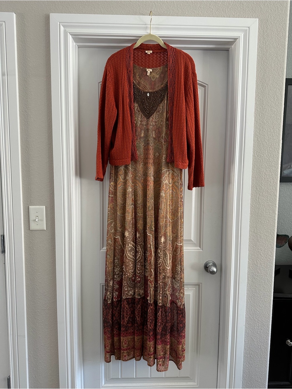 Reba Red Paisley Maxi Dress with Knit Overlay Sweater